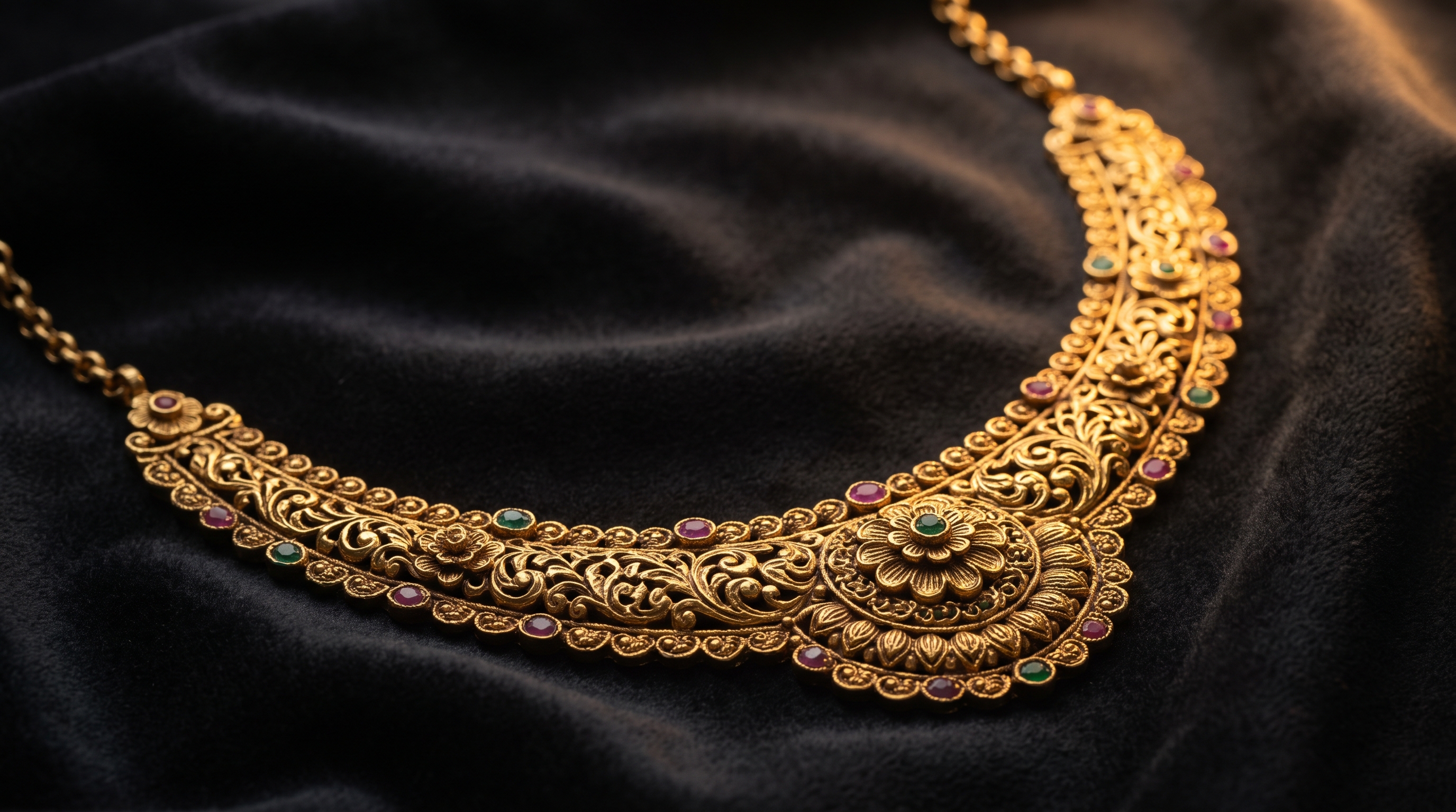 Intricate 22-karat gold filigree royal bridal necklace on dark charcoal velvet