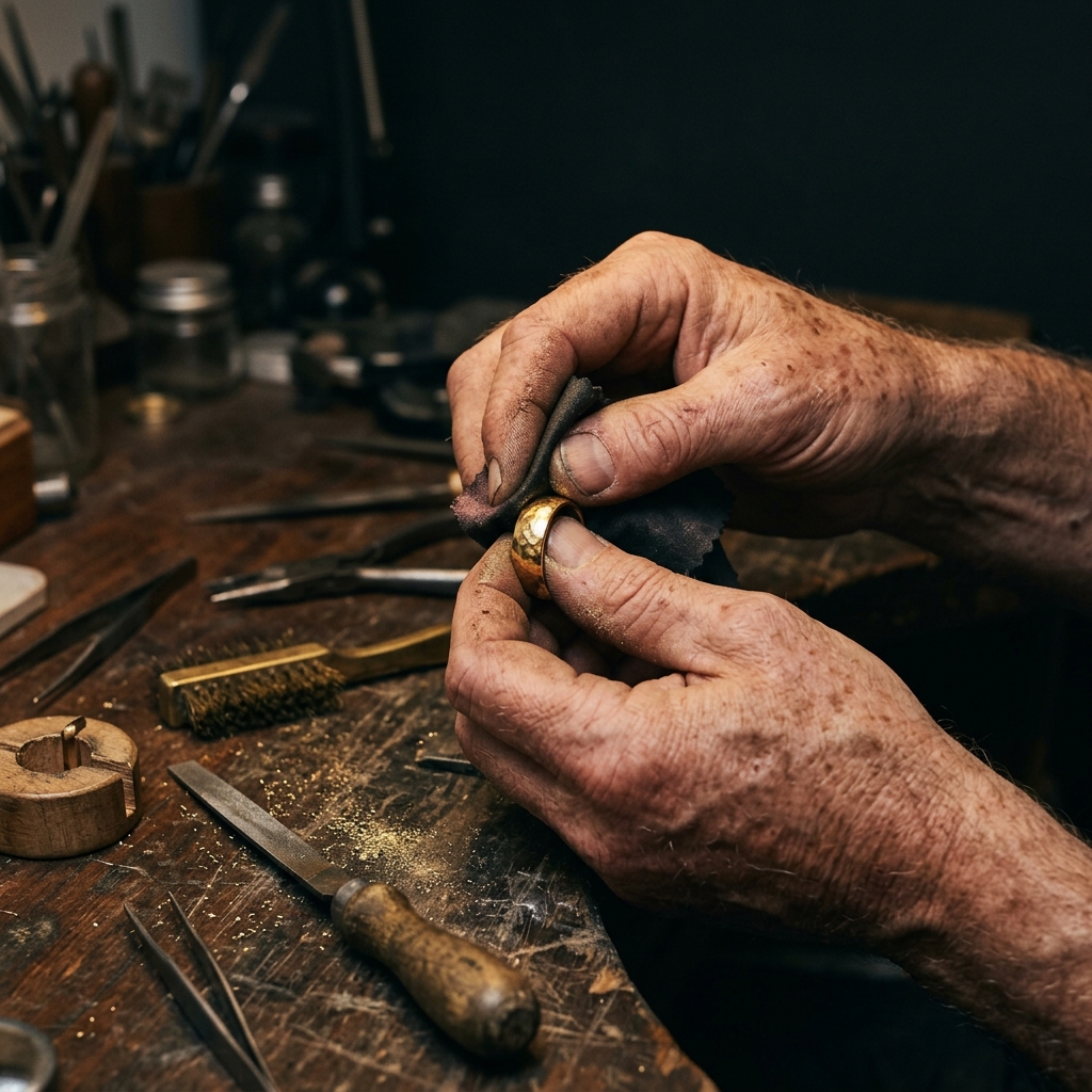 Sri Lankan goldsmith hand-finishing a 22K gold ring in workshop
